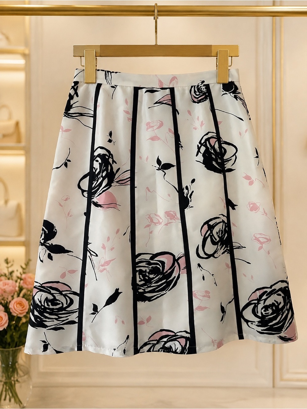 Grace Elements 100% Silk Floral Pleated A-Line Skirt Ivory Pink Black Size 6